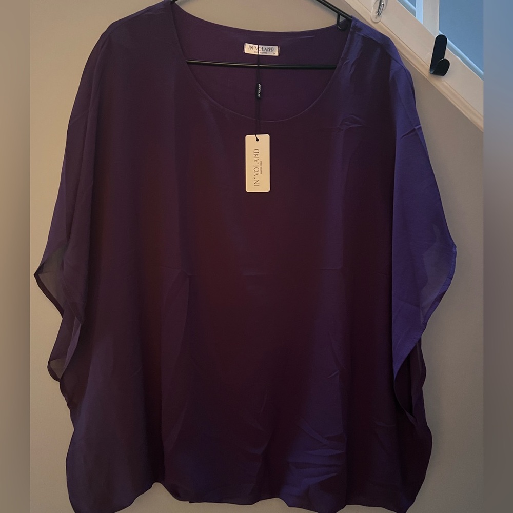 014: Purple Women's Lightweight Flowy Shirt Double-Layered Chiffon Poncho Blouse